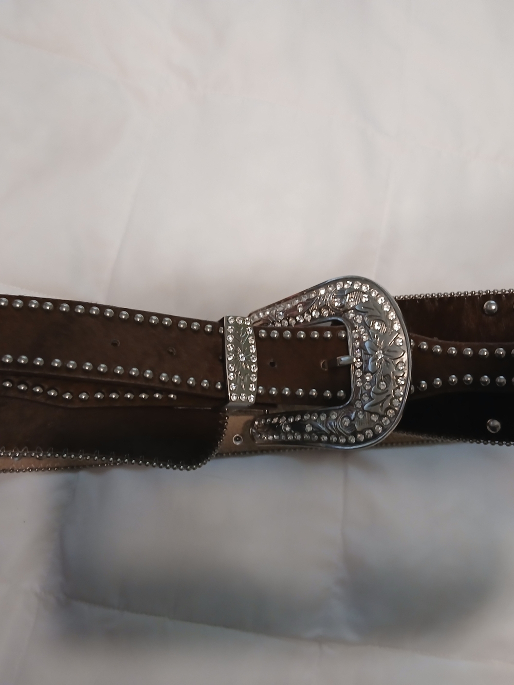 Studded Brown Leather Belt with Ornate Silver Buckle - Womens Accessory
